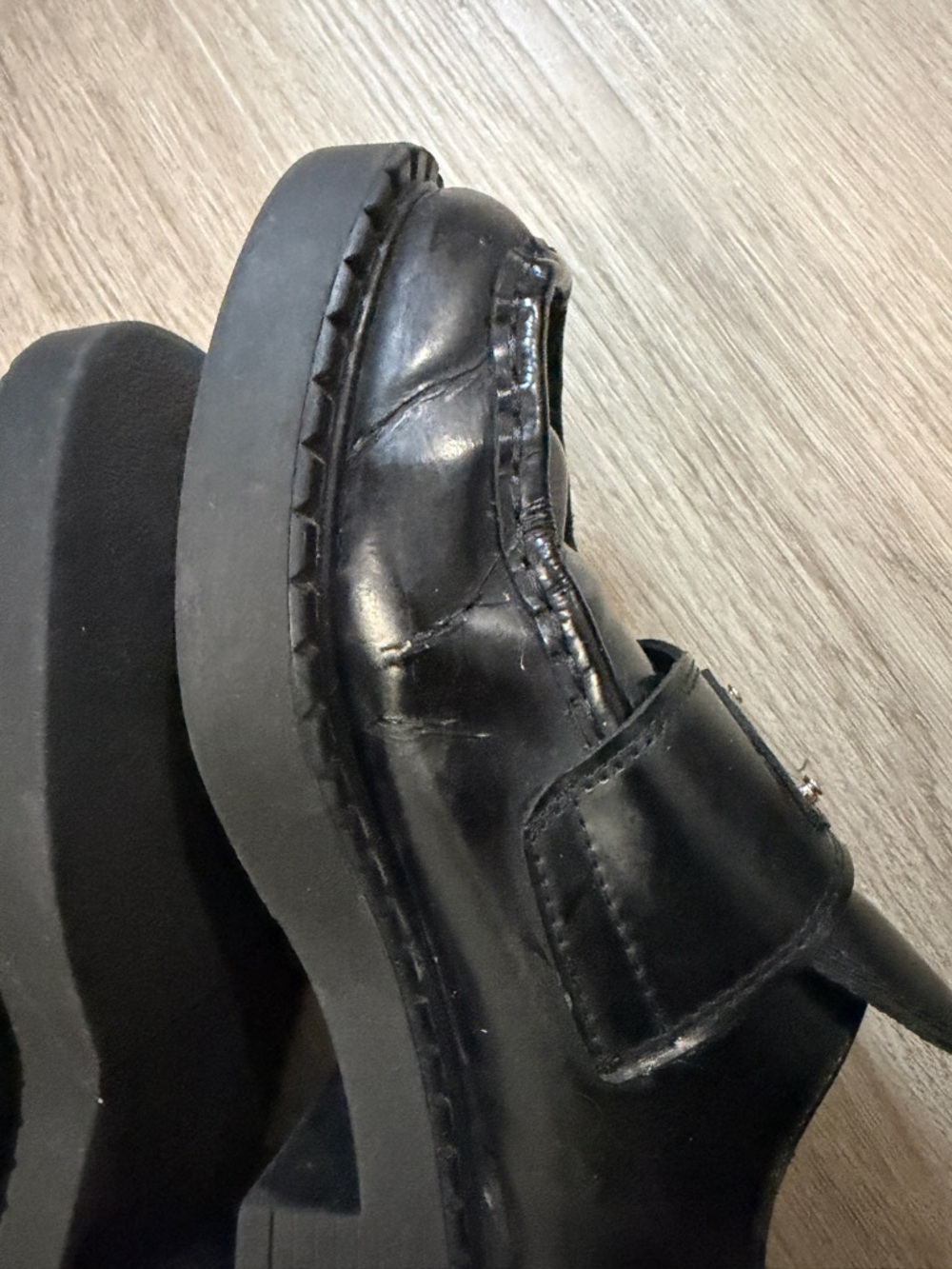 Prada Black Leather Penny Loafers with Metal Triangle Logo - Picture 7 of 16